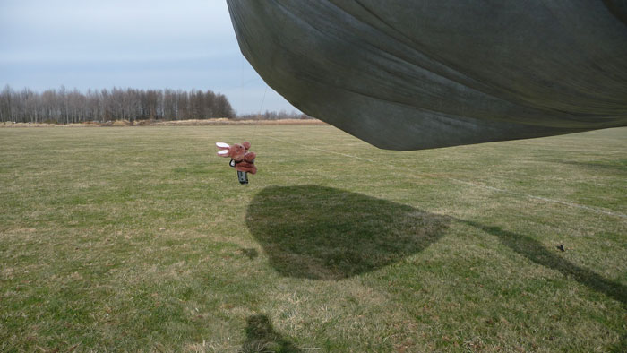 solar balloon takes off lifting camera in a stuffed bunny
